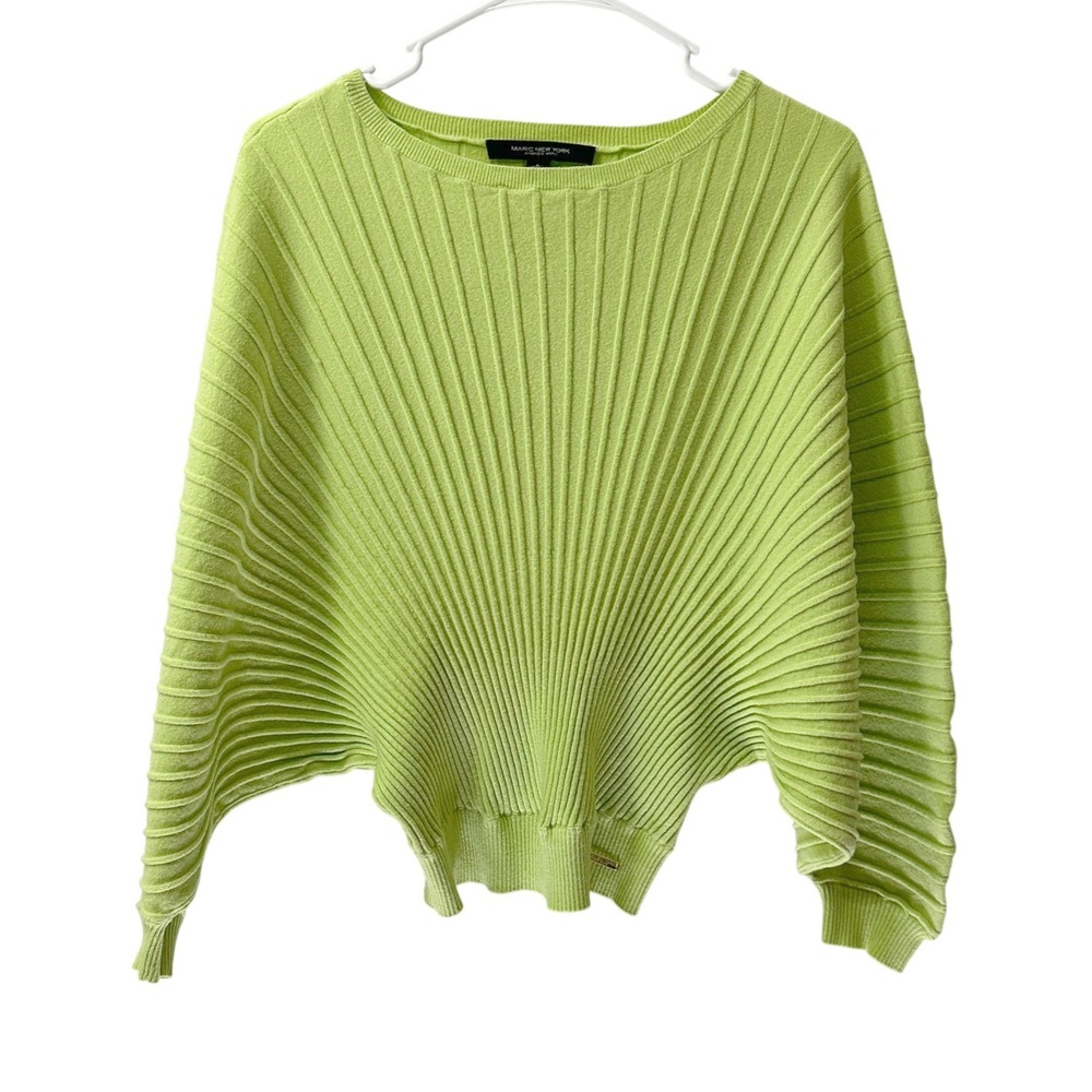 Marc New York Sweater S Lime Green Ribbed Dolman Sleeve Sunburst Modern Bright